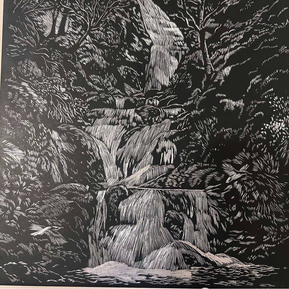 Vintage Landscape Waterfall Etching Framed 9x11 EUC Etched Art Picture - Picture 4 of 6